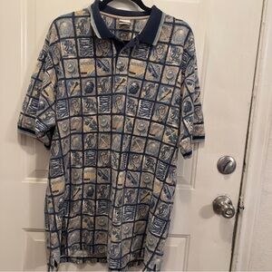 Disney Men's Navy and Beige Pattern Polo Shirt